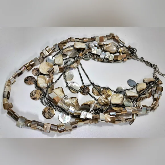 Mother Of Pearl Layered Multi Strand Silver Tone Necklace - Picture 3 of 3